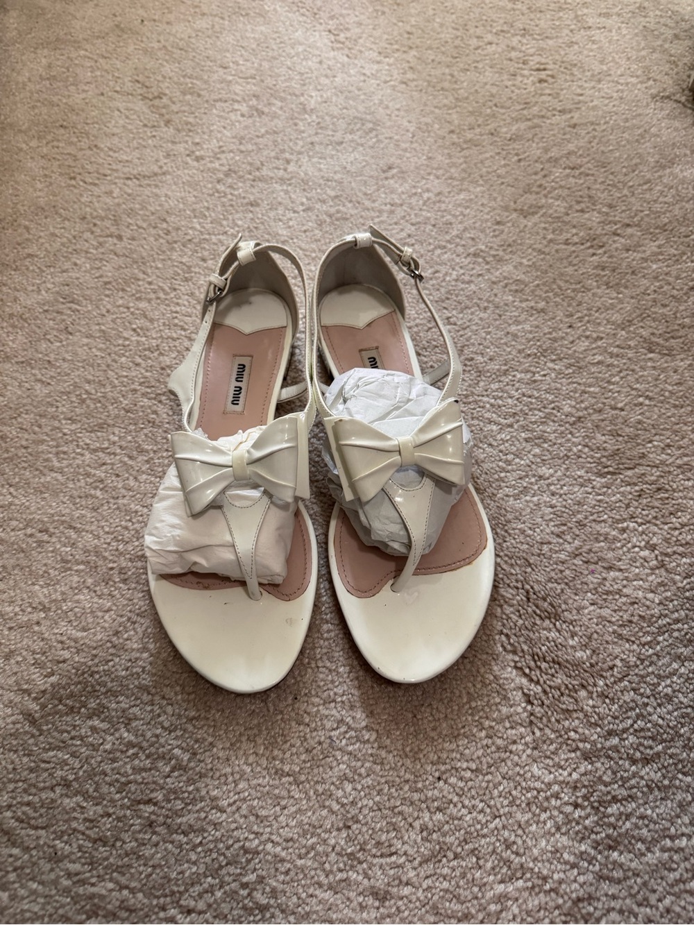 Miu Miu Cream Patent Bow Thong Sandals